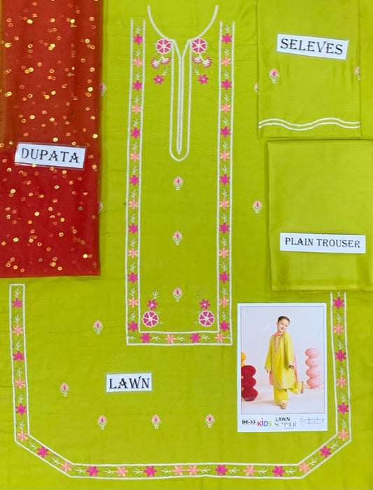 Kids 3PC Embroidered Summer Dress With Net Dupatta