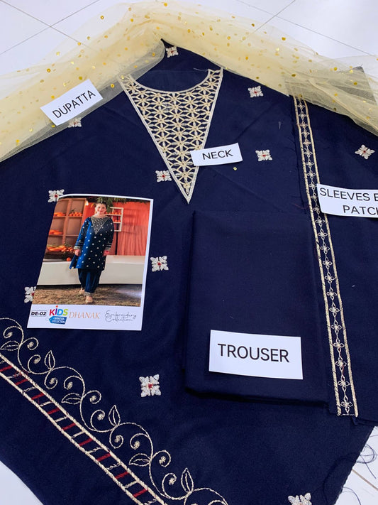 Kids 3PC Embroidered Winter Dress With Net Dupatta - Unstitched - DE02