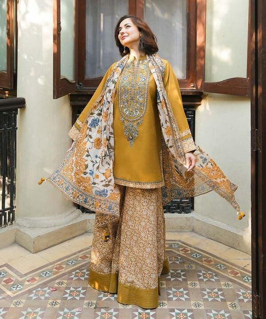 Sapphire 5058 Pure Dhanak Embroidered 3PC Winter Suit with Digital Wool Shawl (unstitched)