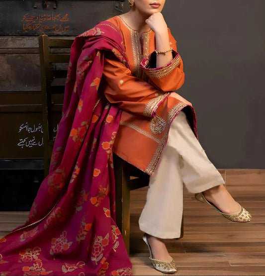 KOKUM Airjet Dhanak Embroidered 3PC Winter Suit with Digital Pashmina Shawl (UNSTITCHED)