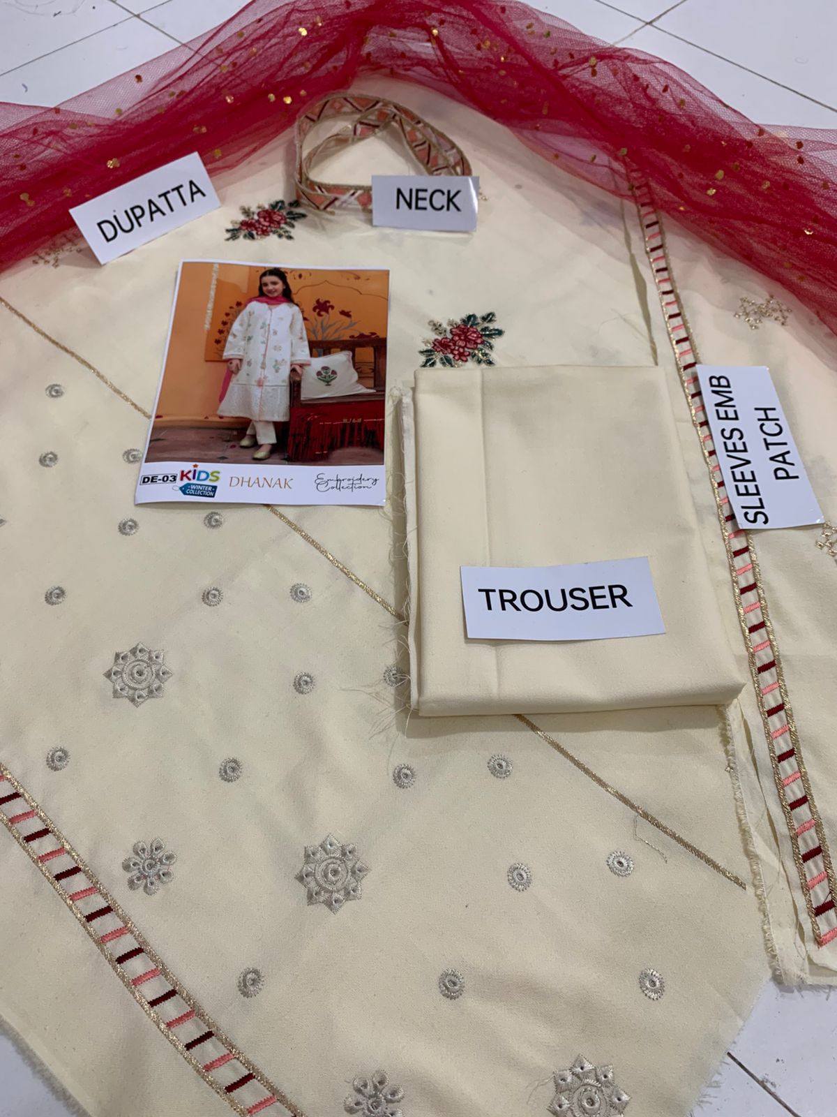 Kids 3PC Embroidered Winter Dress With Net Dupatta - Unstitched - DE03