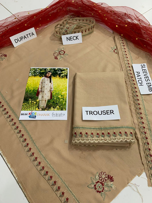 Kids 3PC Embroidered Winter Dress With Net Dupatta - Unstitched - DE04