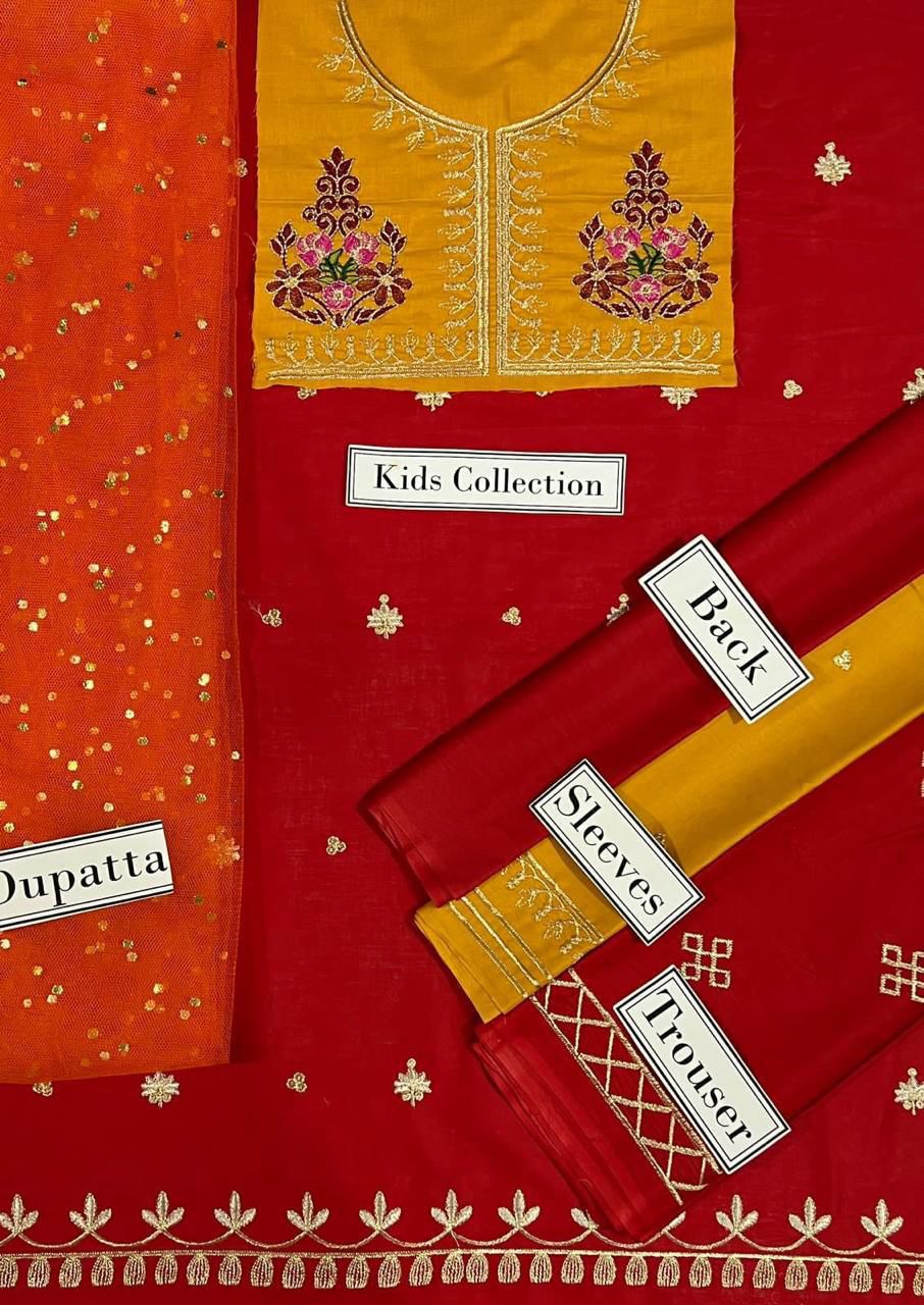 Kids 3PC Embroidered Summer Dress With Net Dupatta - Unstitched - DE-02