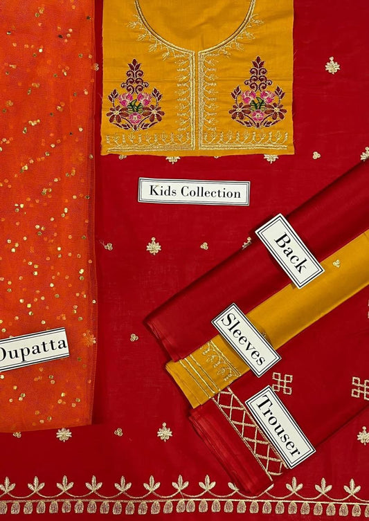 Kids 3PC Embroidered Summer Dress With Net Dupatta - Unstitched - DE-02