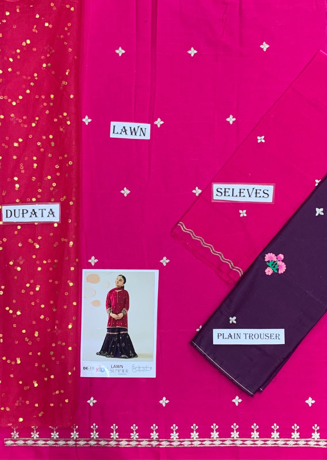 Kids 3PC Embroidered Summer Dress With Net Dupatta - Unstitched - DE-15