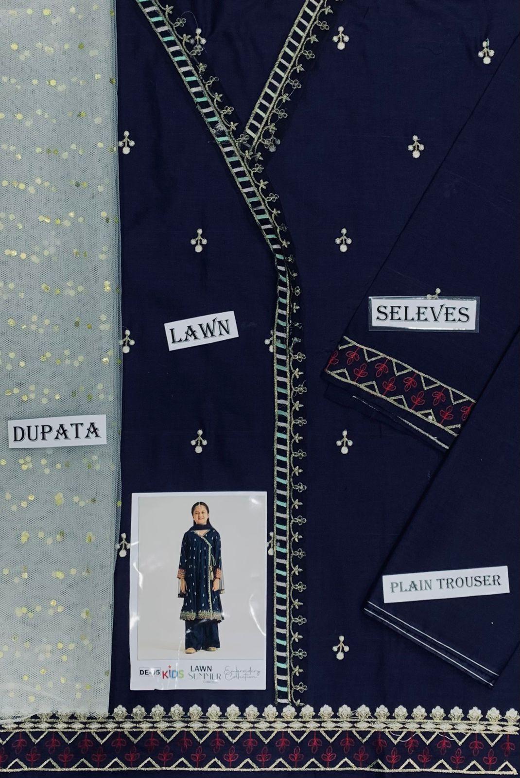 Kids 3PC Embroidered Summer Dress With Net Dupatta - Unstitched - DE-05