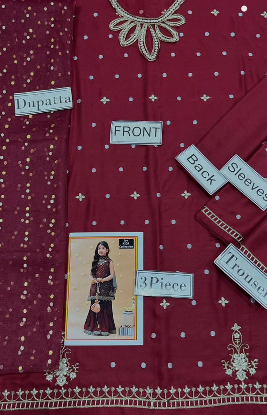 Kids 3PC Embroidered Summer Dress With Net Dupatta - Unstitched - DE-45