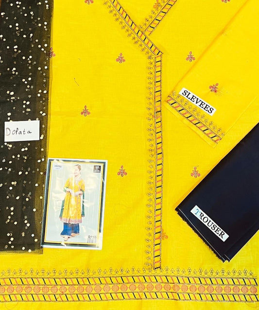 Kids 3PC Embroidered Summer Dress With Net Dupatta - Unstitched - DE-57