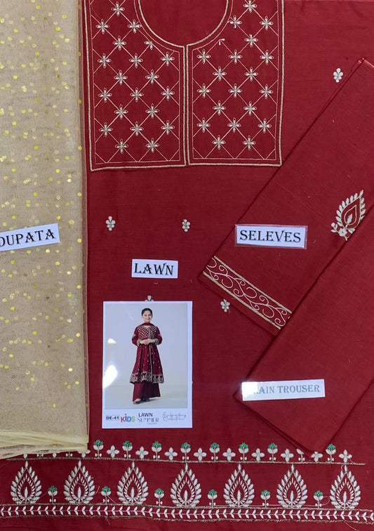 Kids 3PC Embroidered Summer Dress With Net Dupatta - Unstitched - DE-41