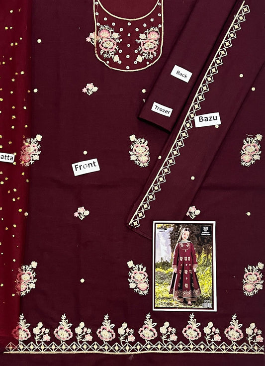 Kids 3PC Embroidered Summer Dress With Net Dupatta - Unstitched - DE-03