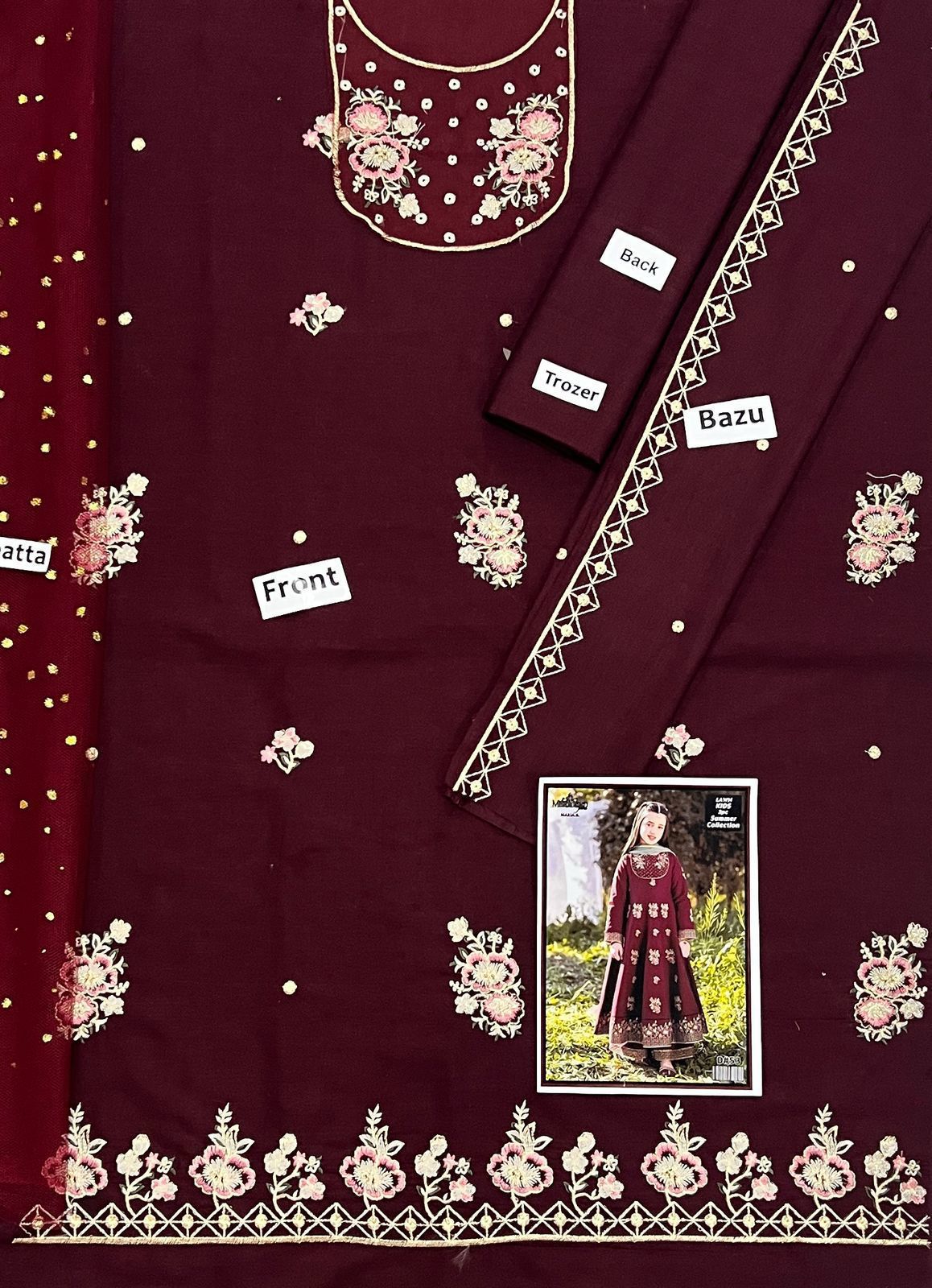 Kids 3PC Embroidered Summer Dress With Net Dupatta - Unstitched - DE-03