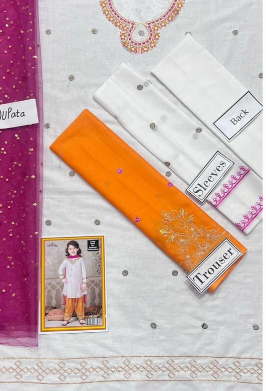 Kids 3PC Embroidered Summer Dress With Net Dupatta - Unstitched - DE-08