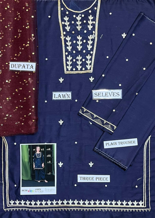 Kids 3PC Embroidered Summer Dress With Net Dupatta - Unstitched