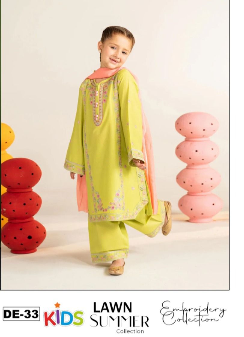 Kids 3PC Embroidered Summer Dress With Net Dupatta