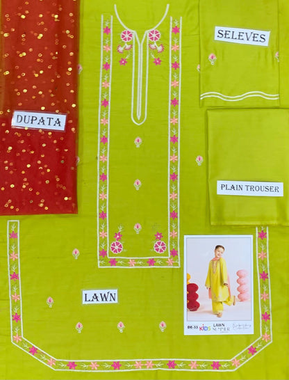 Kids 3PC Embroidered Summer Dress With Net Dupatta