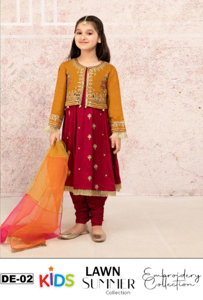 Kids 3PC Embroidered Summer Dress With Net Dupatta - Unstitched - DE-02
