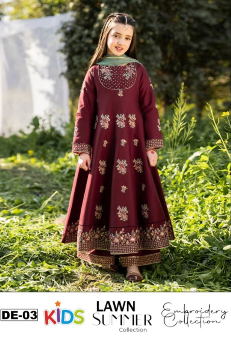 Kids 3PC Embroidered Summer Dress With Net Dupatta - Unstitched - DE-03