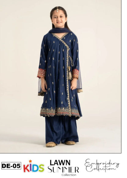 Kids 3PC Embroidered Summer Dress With Net Dupatta - Unstitched - DE-05