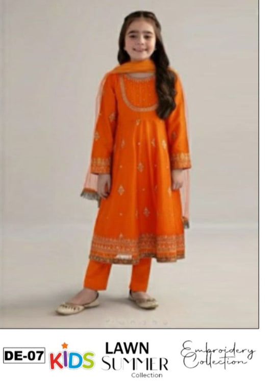Kids 3PC Embroidered Summer Dress With Net Dupatta - Unstitched - DE-07
