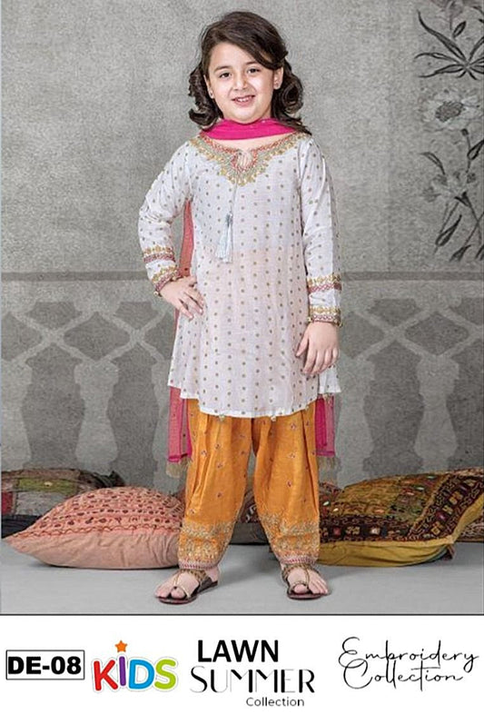 Kids 3PC Embroidered Summer Dress With Net Dupatta - Unstitched - DE-08