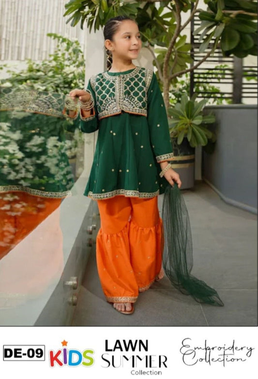 Kids 3PC Embroidered Summer Dress With Net Dupatta - Unstitched - DE-09