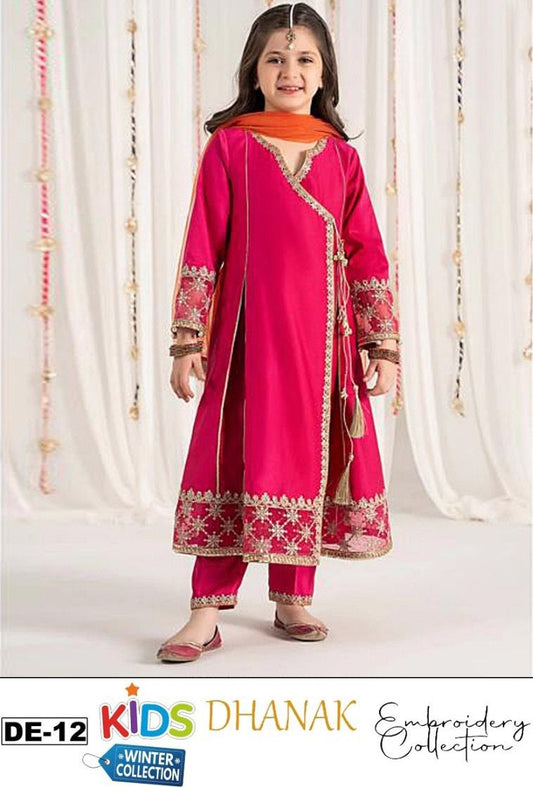 Kids 3PC Embroidered Winter Dress With Net Dupatta - Unstitched - DE12