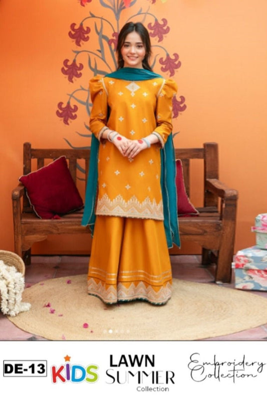 Kids 3PC Embroidered Summer Dress With Net Dupatta - Unstitched - DE-13