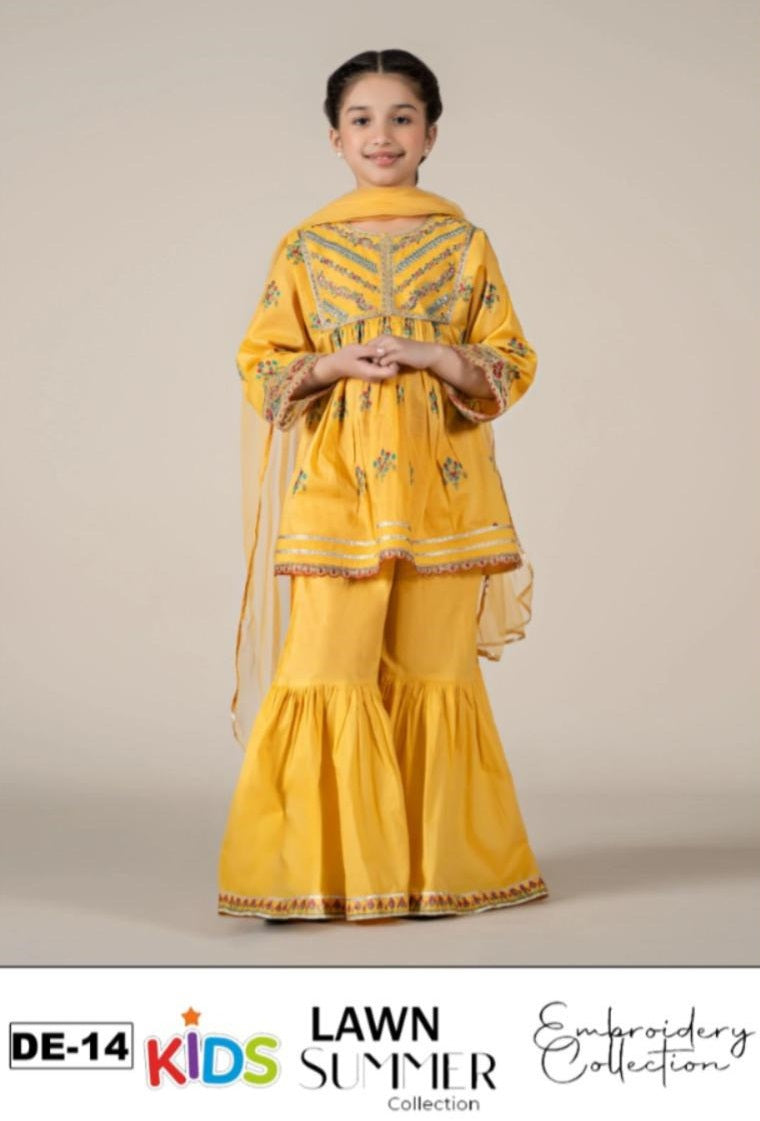 Kids 3PC Embroidered Summer Dress With Net Dupatta - Unstitched - DE-14