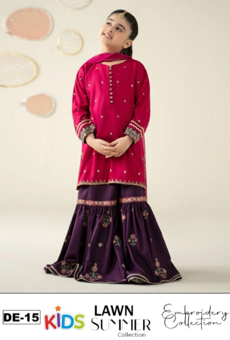 Kids 3PC Embroidered Summer Dress With Net Dupatta - Unstitched - DE-15