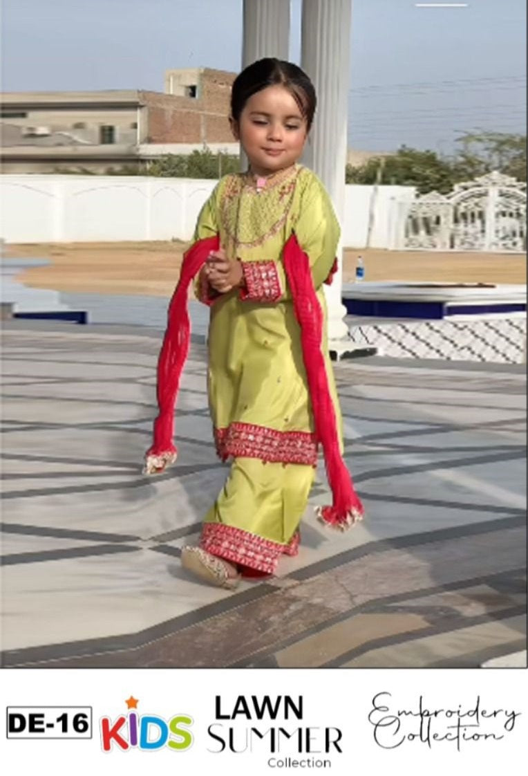 Kids 3PC Embroidered Summer Dress With Net Dupatta - Unstitched - DE-16