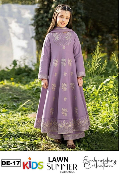 Kids 3PC Embroidered Summer Dress With Net Dupatta - Unstitched - DE-17