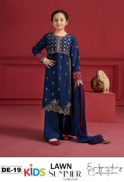 Kids 3PC Embroidered Summer Dress With Net Dupatta - Unstitched - DE-19