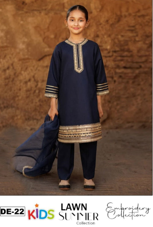 Kids 3PC Embroidered Summer Dress With Net Dupatta - Unstitched - DE-22