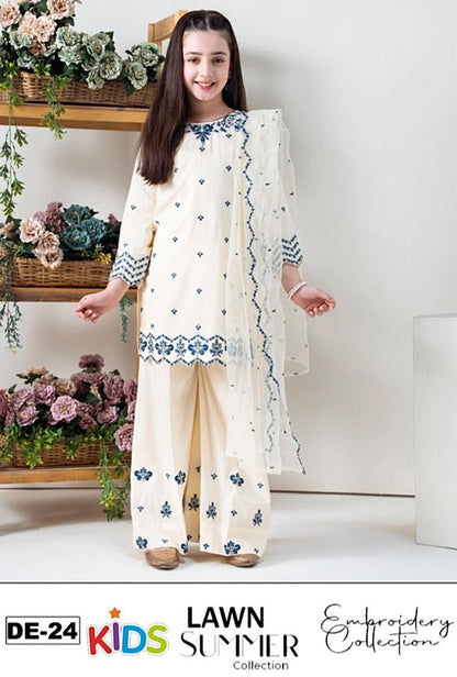 Kids 3PC Embroidered Summer Dress With Net Dupatta - Unstitched - DE-24