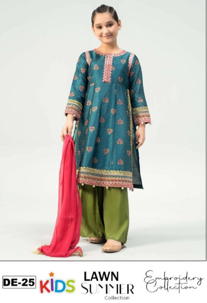 Kids 3PC Embroidered Summer Dress With Net Dupatta - Unstitched - DE-25