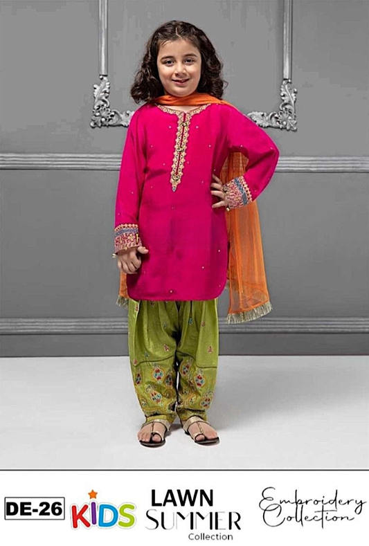 Kids 3PC Embroidered Summer Dress With Net Dupatta - Unstitched - DE-26