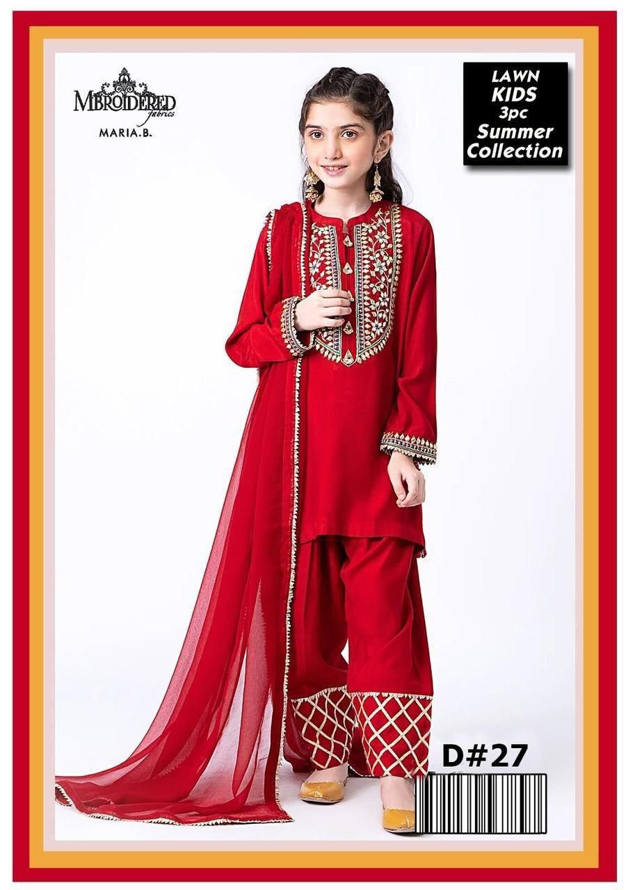 Kids 3PC Embroidered Summer Dress With Net Dupatta - Unstitched - DE-27M