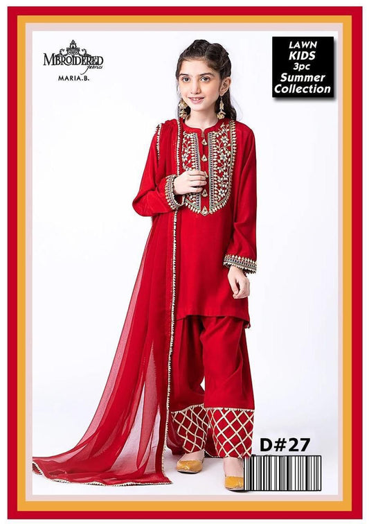 Kids 3PC Embroidered Summer Dress With Net Dupatta - Unstitched - DE-27M