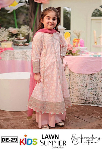 Kids 3PC Embroidered Summer Dress With Net Dupatta - Unstitched - DE-29