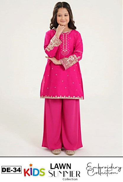 Kids 3PC Embroidered Summer Dress With Net Dupatta - Unstitched - DE-34