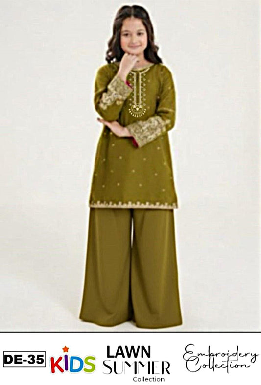 Kids 3PC Embroidered Summer Dress With Net Dupatta - Unstitched - DE-35