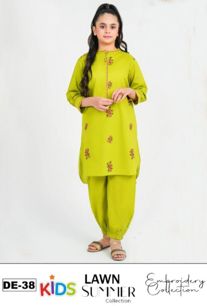 Kids 3PC Embroidered Summer Dress With Net Dupatta - Unstitched - DE-38