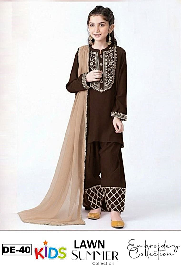 Kids 3PC Embroidered Summer Dress With Net Dupatta - Unstitched - DE-40