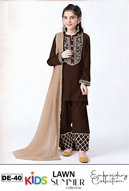 Kids 3PC Embroidered Summer Dress With Net Dupatta - Unstitched - DE-40