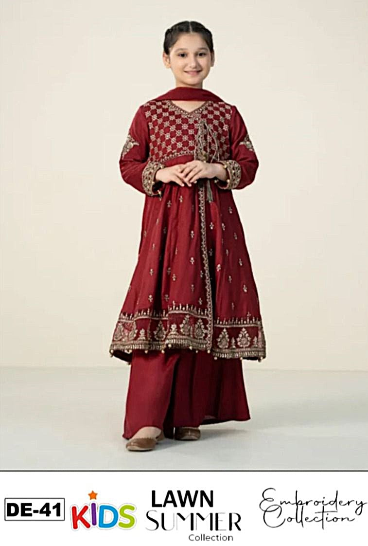 Kids 3PC Embroidered Summer Dress With Net Dupatta - Unstitched - DE-41