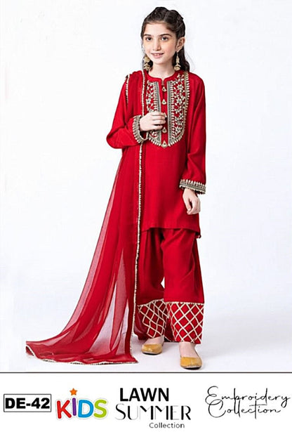 Kids 3PC Embroidered Summer Dress With Net Dupatta - Unstitched - DE-42