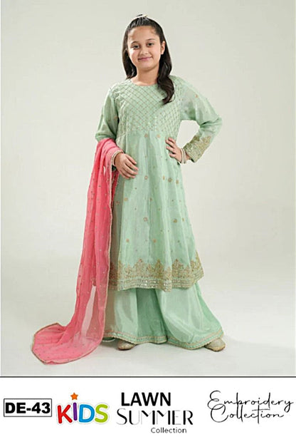 Kids 3PC Embroidered Summer Dress With Net Dupatta - Unstitched - DE-43