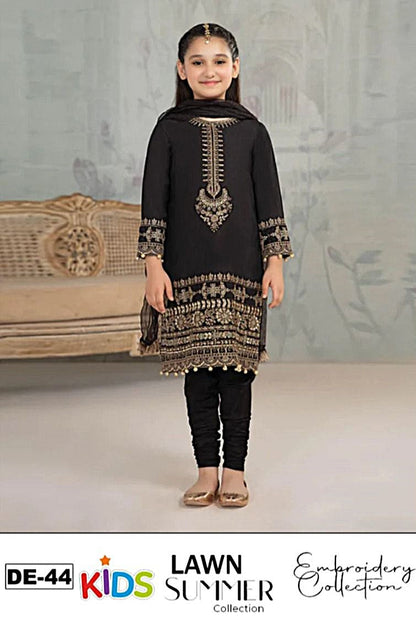 Kids 3PC Embroidered Summer Dress With Net Dupatta - Unstitched - DE-44