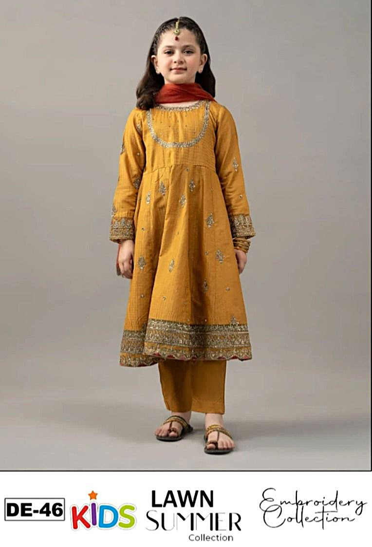 Kids 3PC Embroidered Summer Dress With Net Dupatta - Unstitched - DE-46