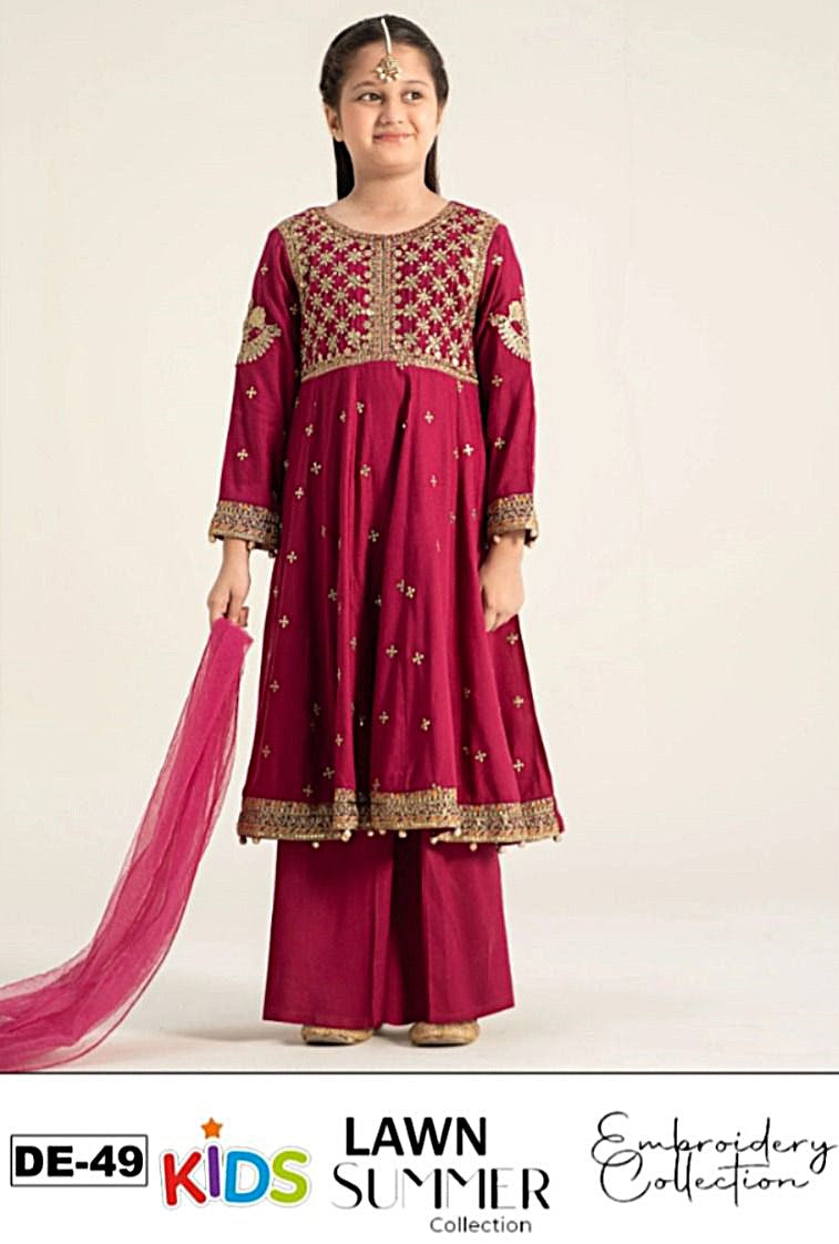 Kids 3PC Embroidered Summer Dress With Net Dupatta - Unstitched - DE-49